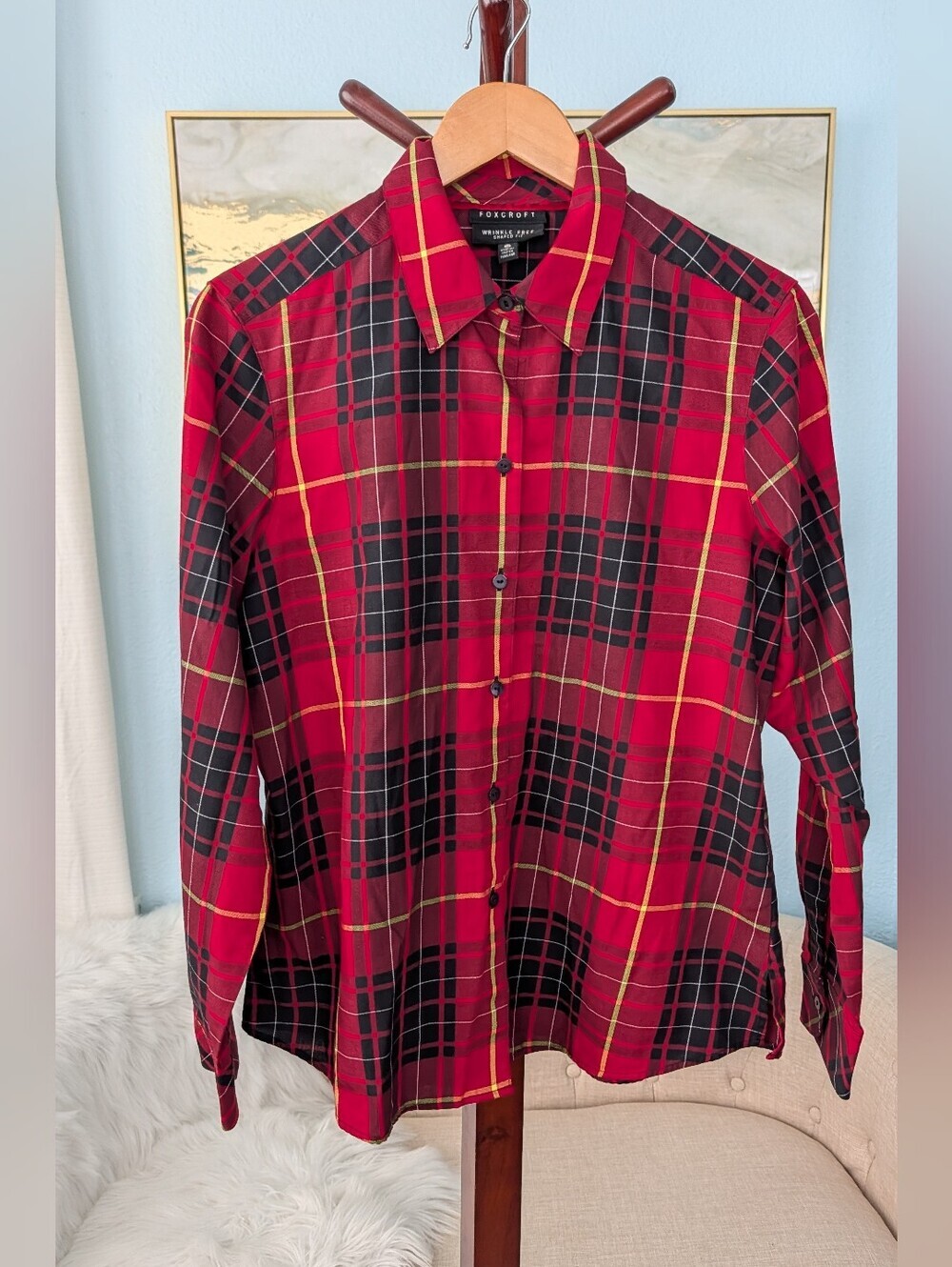 Foxcroft WRINKLE FREE SHAPED FIT Red & Black Plaid Button-Down Shirt Sz 14